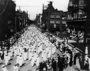 Suffragists march in Williamsport, Pennsylvania, in support of Women's Rights and ability to vote. This support eventually led to the ratification of the 19th Amendment to the U.S. Constitution.